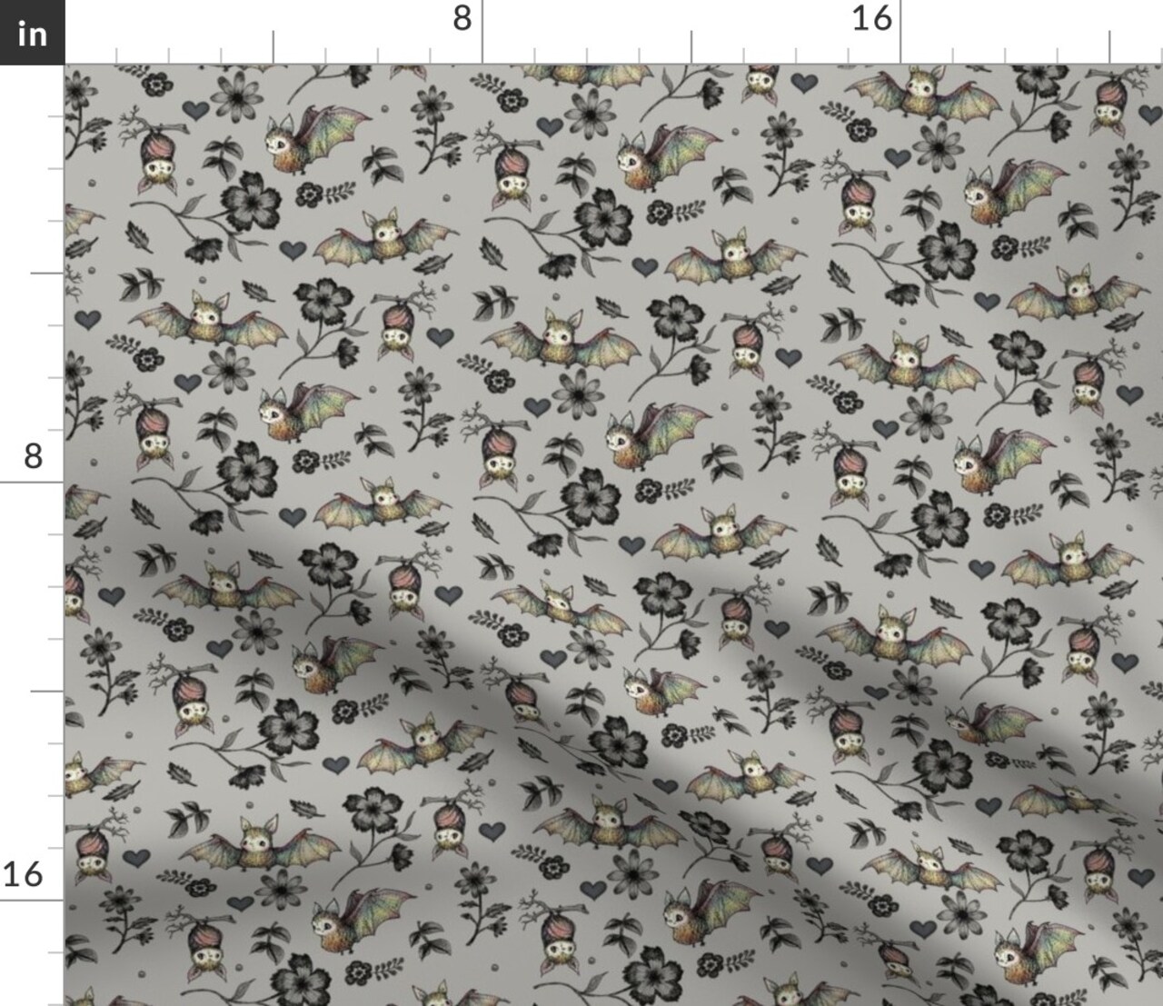 Bats And Flowers Gray Floral Halloween Spooky Hearts Novelty October Autumn Custom Printed Fabric by Spoonflower Various Fabrics by the Yard or Fat Quarter